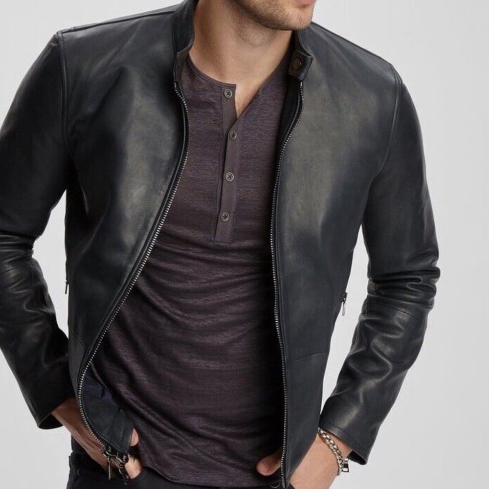 John Varvatos Leather Moto Jacket - Navy EU 52